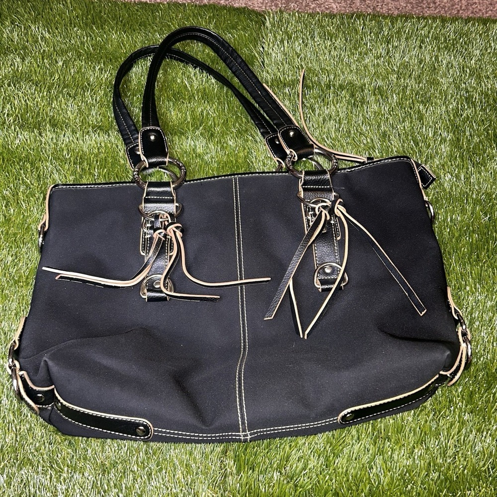 Franco Sarto Black Nylon‎ Satchel Handbag Silver Hardware Geometric Lining - Picture 4 of 10